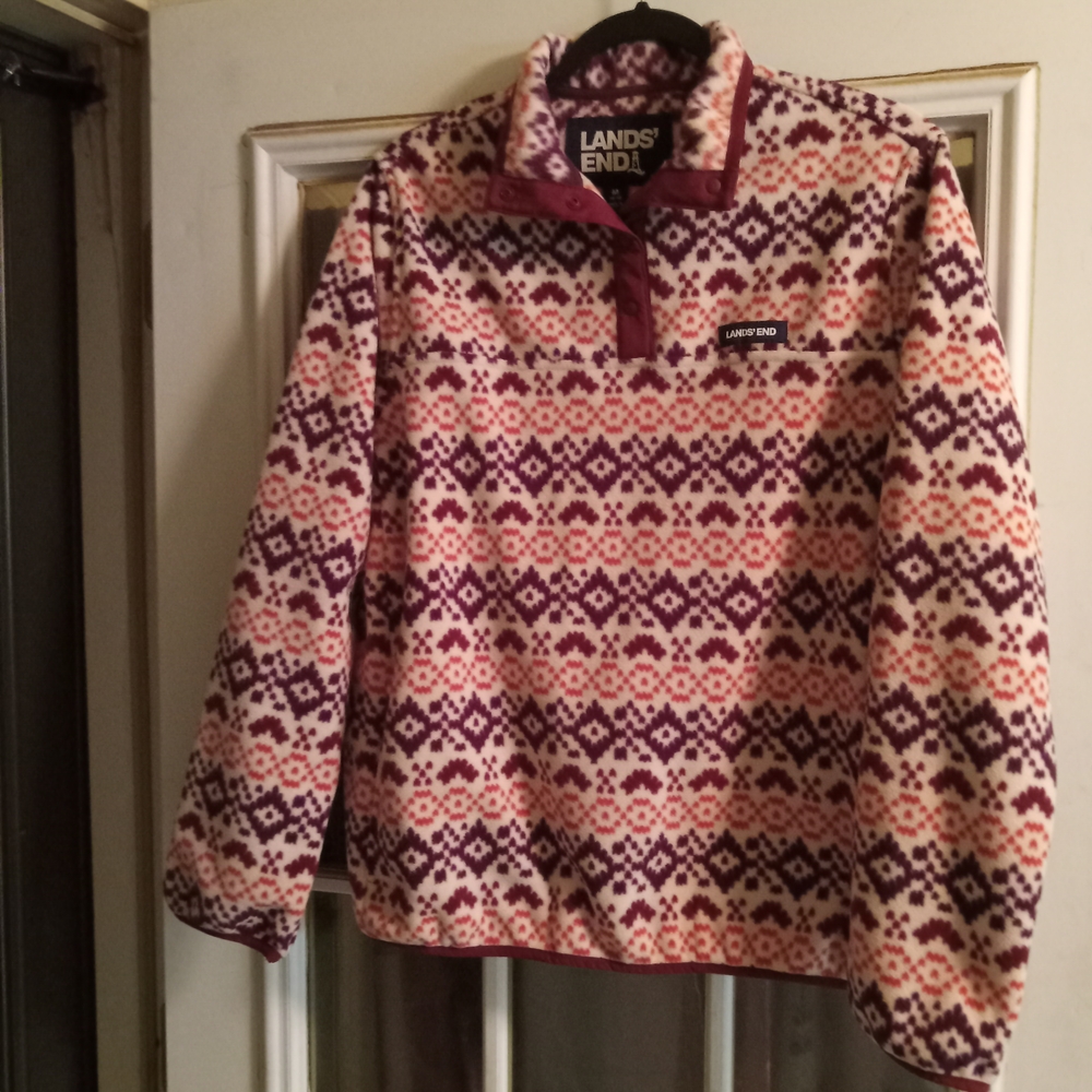Lands' End Geometric Fleece in Cream and Purple Size Medium